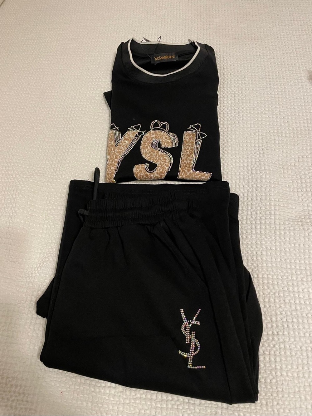 Yves Saint Laurent Kids Black Sweatpants & Joggers with Jeweled YSL Logo